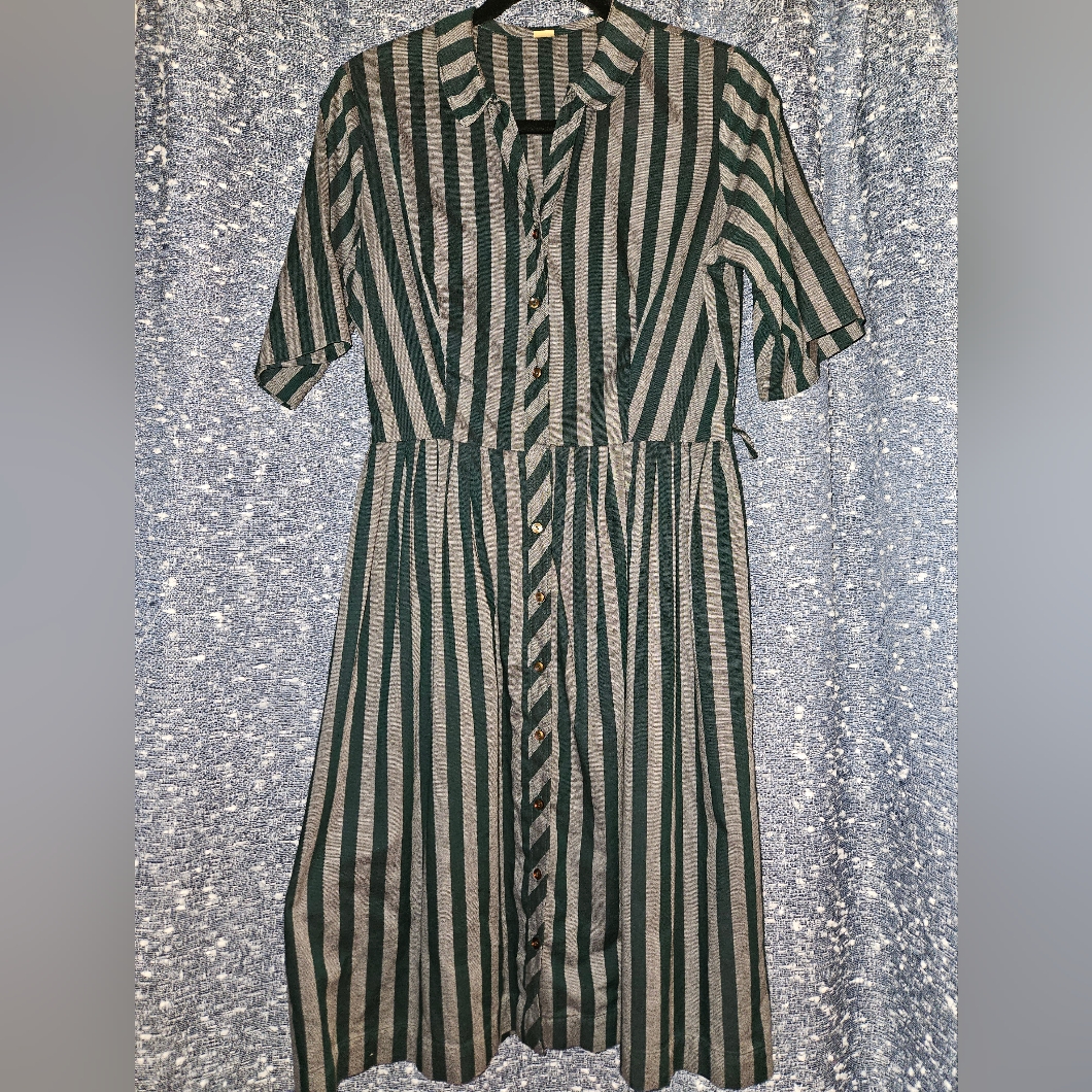 Vintage 1960s Striped Green And Gret Button-Up Dress